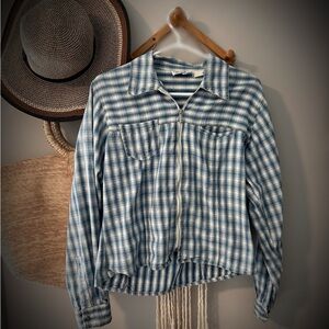Super cool, Vintage blue and white faded plaid zip up lightweight jacket